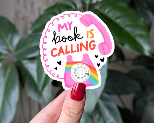 My Book Is Calling Sticker, Retro Phone Bookish Vinyl Sticker, Rainbow Reading Sticker for Readers, Cute Book Lover Gift, Bookish Merch