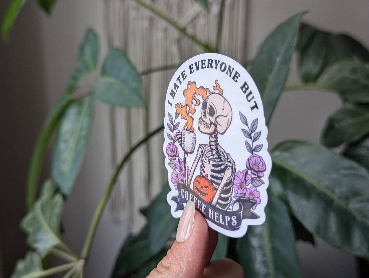 I hate everyone but coffee helps, funny coffee stickers for tumblers, snarky stickers for kindle, sassy gifts for Halloween lover, skeleton