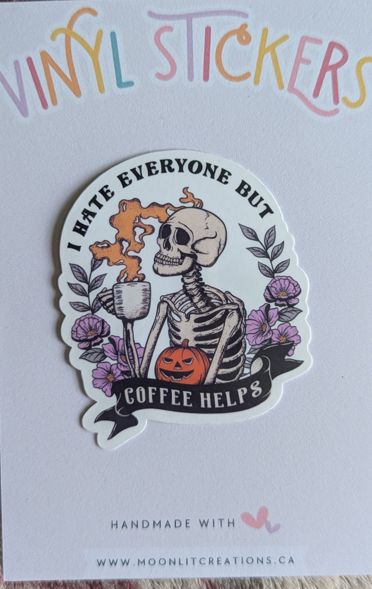 I hate everyone but coffee helps, funny coffee stickers for tumblers, snarky stickers for kindle, sassy gifts for Halloween lover, skeleton