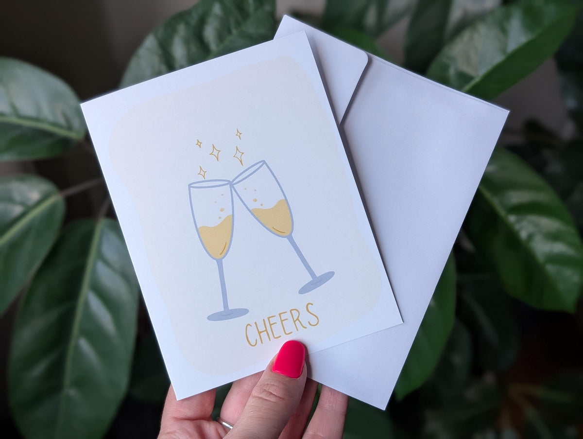Cheers Greeting Card, Champagne Glasses Celebration Card, Minimilast Hand Draw Card, Congratulations Cheers Card, Toast Card