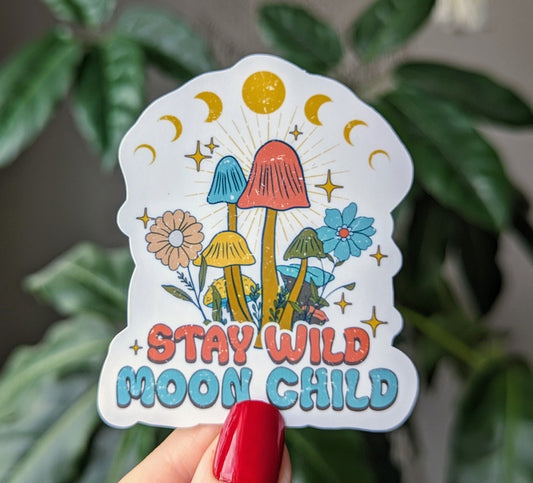 Stay wild moon child sticker, mushroom water bottle stickers, hippie stickers, free spirit quotes, gift for witchy friend, celestial sticker