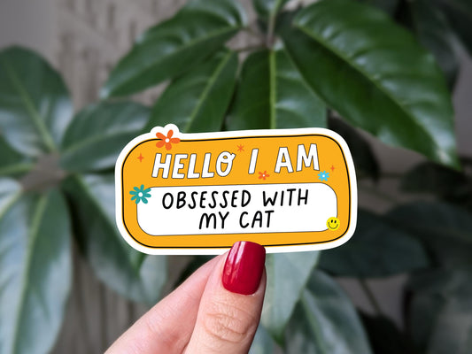 Hello I am obsessed with my cat, cat lover stickers for kindle, name tag stickers for tumblers, funny gift for cat lovers, cat parent gifts