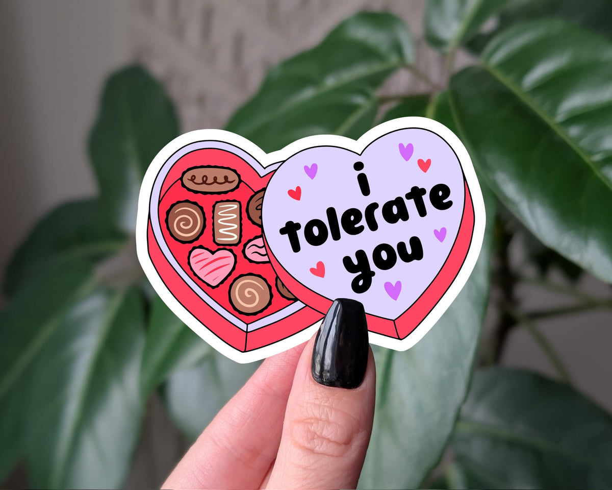 I tolerate you sticker, funny Valentines Day sticker, heart chocolate box sticker, cute vinyl sticker for laptops and gifts