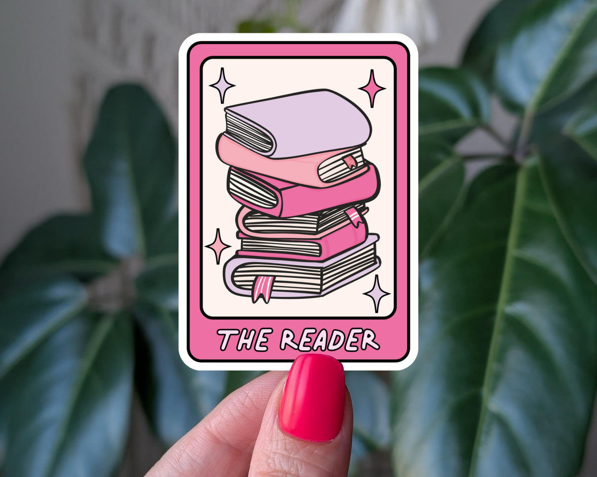 The Reader Sticker, Bookish Tarot Sticker, Cute Pink Book Stack Vinyl Sticker for Book Lovers, Book Gift for Bookworm