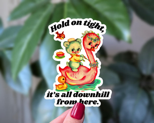 Hold on tight it's all downhill from here sticker, dark humor vintage style vinyl sticker for water bottle, funny nostalgic sticker
