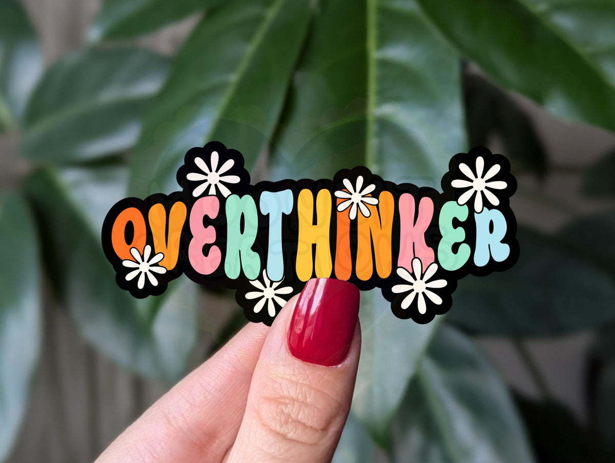Overthinker sticker, cute retro stickers with floral design, fun vinyl sticker for planners, mental health merch, water bottle sticker