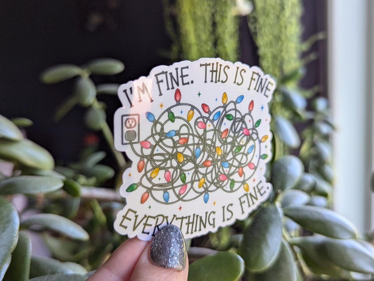 I'm fine this is fine everything is fine, funny stickers for Christmas, Christmas lights stickers, mental health stickers for journal