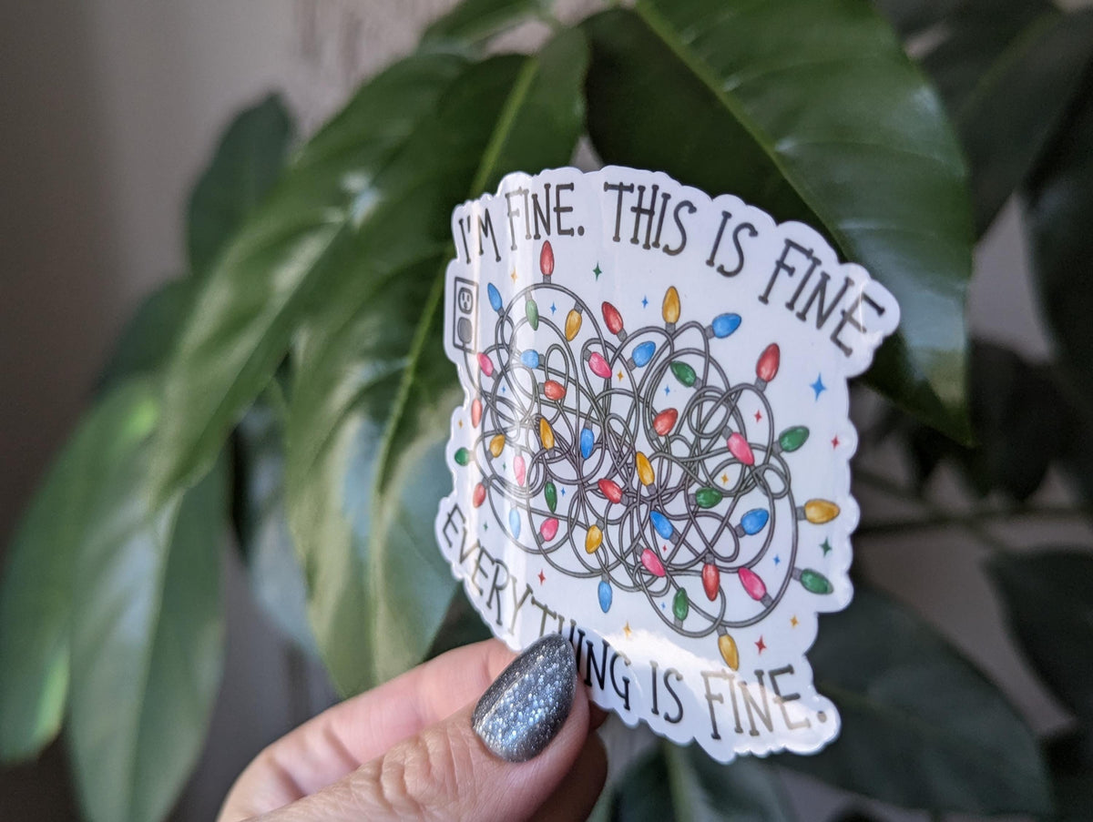 I'm fine this is fine everything is fine, funny stickers for Christmas, Christmas lights stickers, mental health stickers for journal