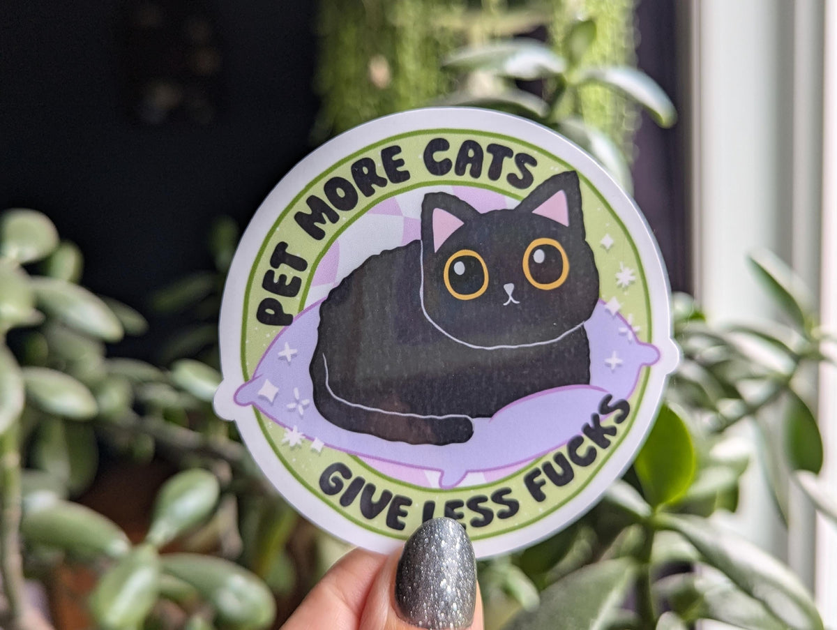 Pet more cats give less fucks, funny cat stickers for water bottle, cat mom gifts, snarky stickers for kindle, black cat sticker, small gift