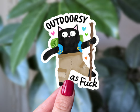 Outdoorsy As Fuck Cat Sticker | Funny Hiking Cat Vinyl Sticker